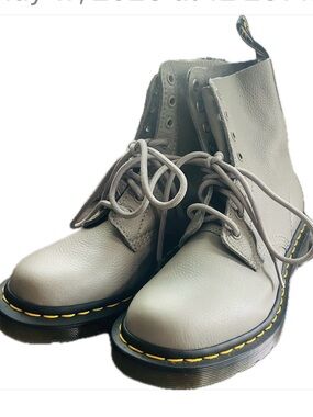 Dr. Martens Gray Leather Lace-Up Combat Boots with Yellow Stitching